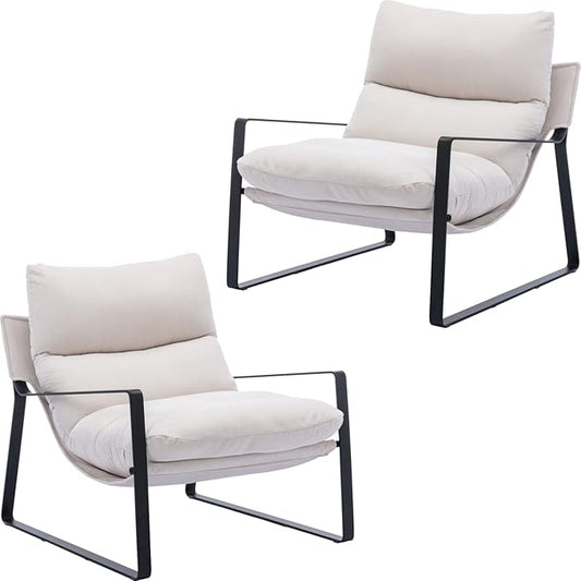 Mid-Century Accent Chair Set of 2, Comfy Side Chair with Armrest Chenille Fabric, Upholstered Leisure Chair with Black Metal Frame for Living Room Bedroom Reception Room, White