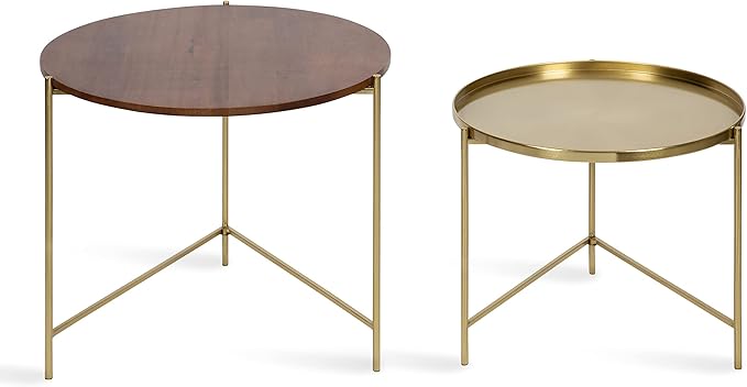 Kate and Laurel Ulani Modern Nesting Coffee Table; Set of 2; Walnut and Gold; 22.5 x 20.25; Decorative Sophisticated Mango Wood and Metal End Tables for Display and Storage