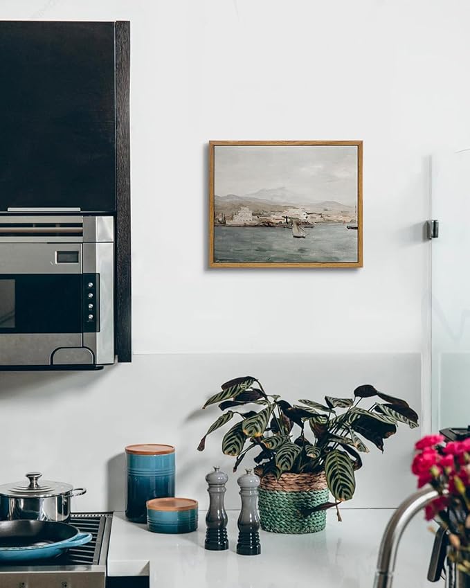 VIYYIEA Framed Canvas Wall Art Home Decor, Vintage Coastal Wall Art Decor, Vintage Serenity Harbor Painting Decorations for Living Room, Office Bedroom Bathroom Decor, 9"x11"