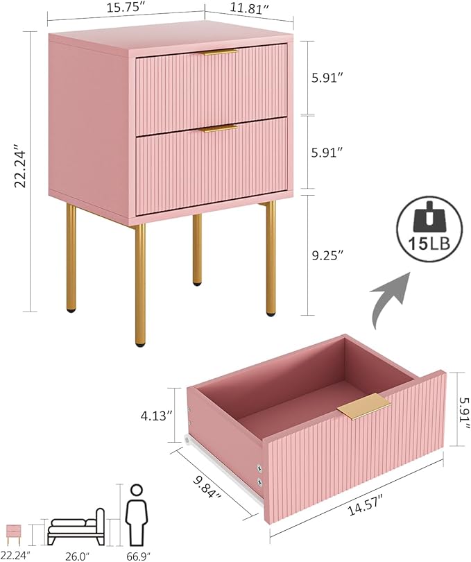 Masupu Night Stand,Mid-Century Modern Bedside Table with 2 Storage Drawer,Small Gold Frame Side End Table for Bedroom,Living Room, Pink