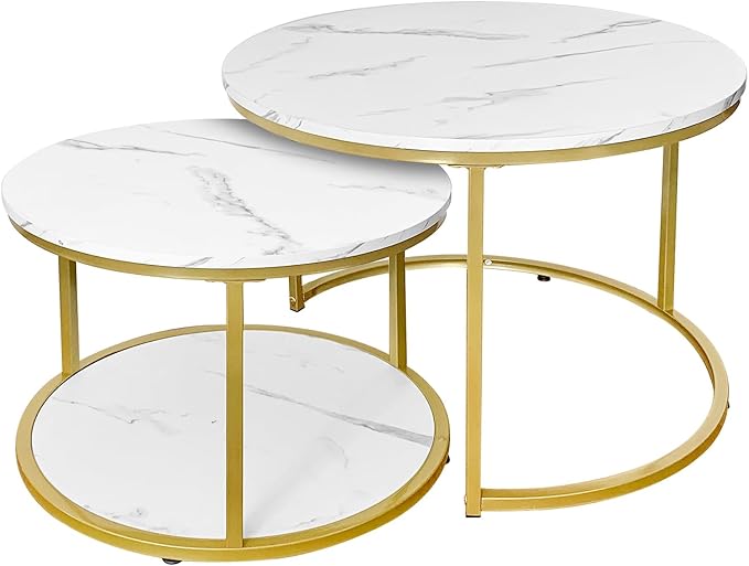 AT-VALY Coffee Table Set of 2 Nesting Tables,Round Side Table for Living Room, Small Accent Table with Storage (Gold)