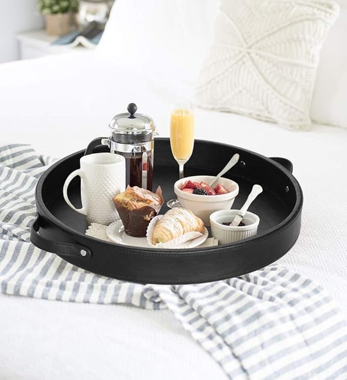 HofferRuffer PU Leather Round Serving Tray with Handles, Decorative Catchall Vanity Coffee Tray, Faux Leather Ottoman Tray for Home Or Office, Diameter 14.6-inch (Black)