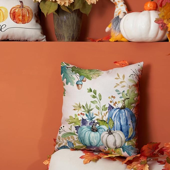 DFXSZ Fall Pillow Covers 18x18 inch Set of 2 Blue Green Pumpkin Fallen Leaves Decorative Outdoor Throw PillowCovers Autumn Thanksgiving Farmhouse Decoration for Home Couch TH27-M18