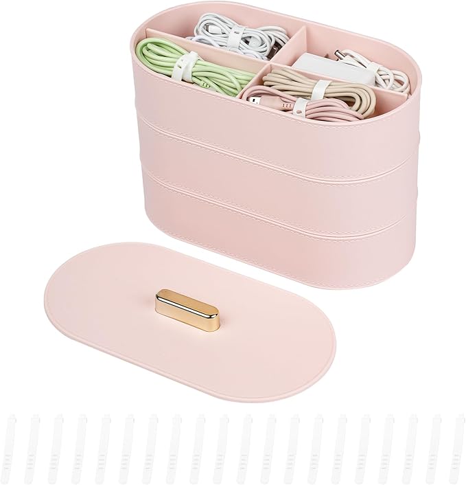 Yesesion Large Cable Storage Organizer with Lid, Plastic Cord Box with 20pcs Wire Ties, Desk Drawer Tray for Phone Chargers, Power Cords, Electronics Accessories, Jewelry, Art Craft (Pink)