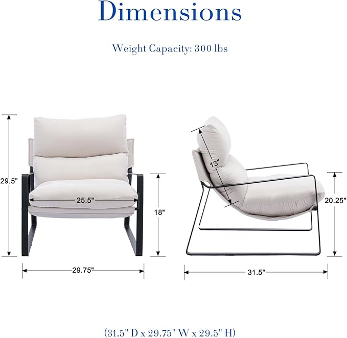 HEAH-YO Modern Accent Chairs Set of 2, Chenille Fabric Living Room Chairs with Removable Cushion and Solid Metal Frame, Comfy Reading Chairs for Bedroom, White