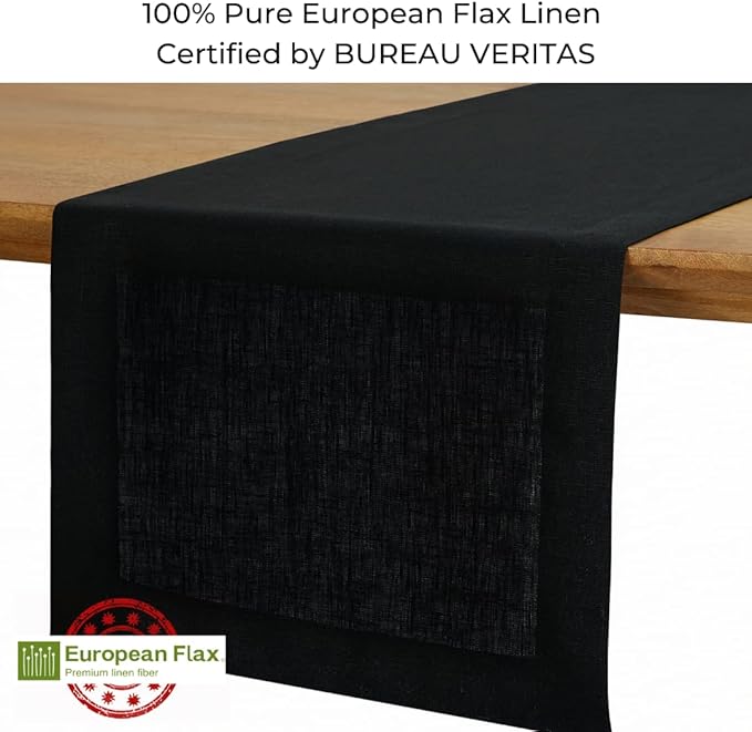 D'Moksha Homes Linen Black Table Runner 48 Inches - 100% Pure Linen Small Table Runner 14 x 48 Inch for Coffee Tables, Dresser, Fall, Autumn and Halloween - Machine Washable