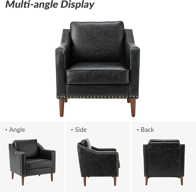 HULALA HOME Faux Leather Accent Armchair with Back & Seat Cushions, Traditional Club Chair with Nailhead Trim, Comfy Upholstered Sofa Chair for Bedroom & Living Room, Black