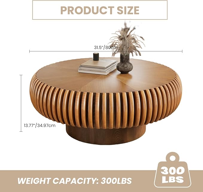 Fluted Drum Coffee Table Round Coffee Table for Living Room Mid Century Modern Coffee Tables with Sturdy Pedestal Circle Center Tea Table Accent Tea Table for Small Space Apartment (31.5" Brown)