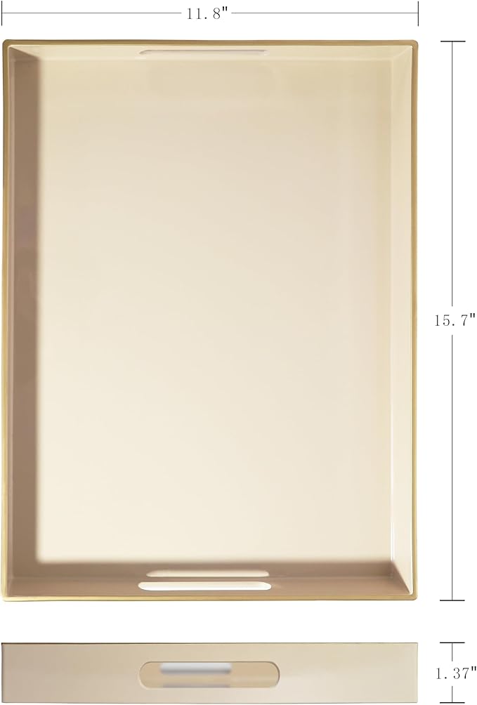 Cream Sturdy Acrylic Serving Tray with Handles-15.7x11.8Inch, Morden Plastic Rectangular Serving Tray for Coffee Table Bathroom, Ottoman, Home Decor