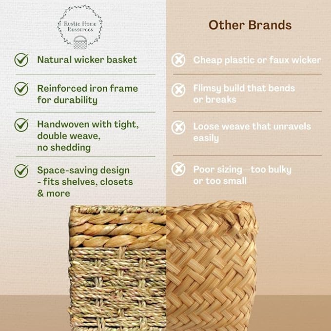 Large Wicker Storage Basket with handles, Natural, Woven, Seagrass and Hyacinth Organizing Baskets for Shelves, Pantry, Living Room - Large Size - 17x11x7.5 in