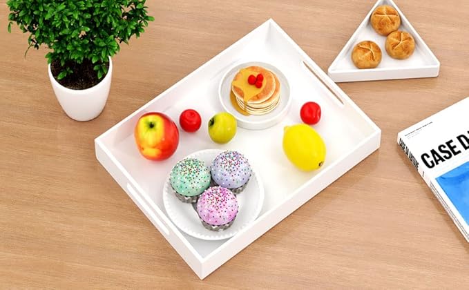 NIUBEE Acrylic Serving Tray 12x16 Inches -Spill Proof- White Decorative Tray Organiser for Ottoman Coffee Table Countertop with Handles