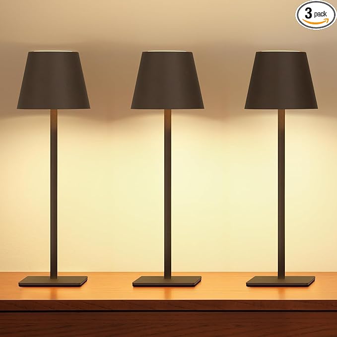 UME 3 Pack Cordless Table Lamp, Battery Operated Lamp - Portable Waterproof Rechargeable Table Lamp w/ 3 Color Temps & Stepless Dimming for Dinner, Desk, Cafe, Outdoor (Matte Brown)