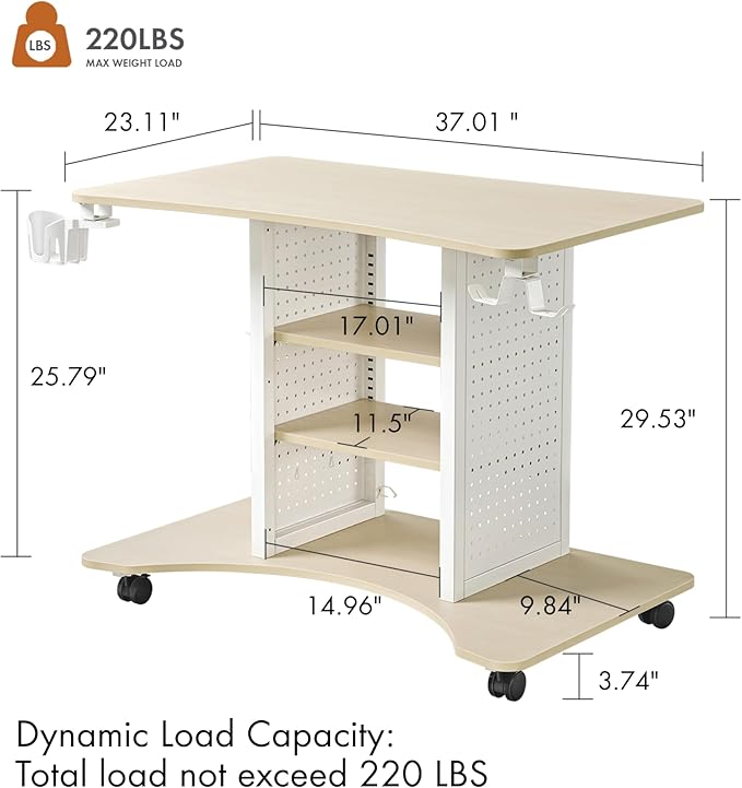 EUREKA ERGONOMIC Gaming Desk Computer, 37" Rolling Desk on Wheels for Small Space, Mobile Computer Cart with Pegboards Adjustable Shelves for Gaming PS Switch, Craft Station, Home Office - Maple