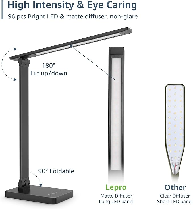 Lepro LED Desk Lamp with USB Charging Port,650LM Dimmable Home Office Touch Control Reading Table Lamp,5 Color Modes with 5 Brightness,College Dorm Room Essentials, Eye Caring, Sewing, Crafting, Black