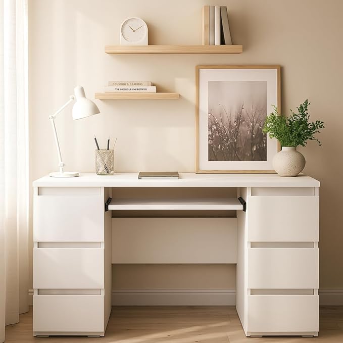 47'' Computer Desk with 6 Drawers and Keyboard Shelf, Modern Wood Writing Desk with Storage for Home Office, Bedroom, Gaming, Study, or Vanity Table – White