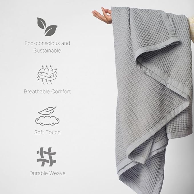 GOTS Certified Organic Cotton Waffle Weave Cozy Throw Blanket, 50"X60", Modern Home Decor, Soft Bed Blanket - Scottish Grey