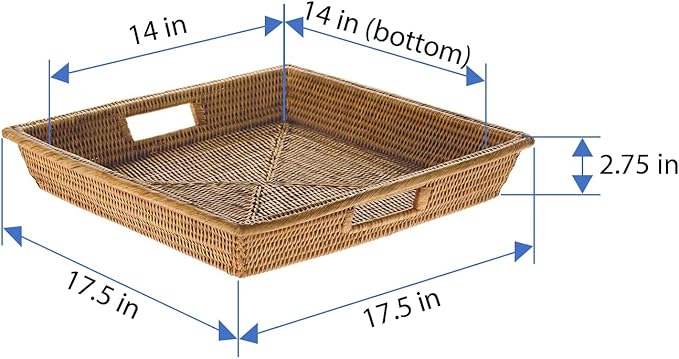 KOUBOO La Jolla Rattan Square Serving Baskets & Trays -Table Tray, Organize Your Home, Storage Tray for Kitchen, Dining & Coffee Tables, Honey Brown, 17.5" x 17.5" x 2.75"