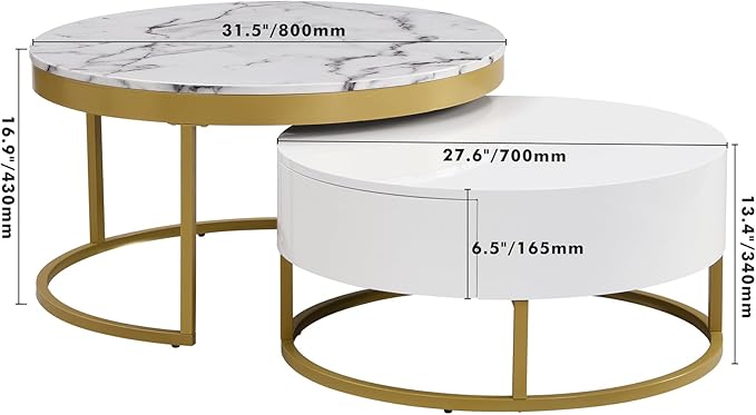 Modern Round Nesting Coffee Table with Drawers for Living Room in White
