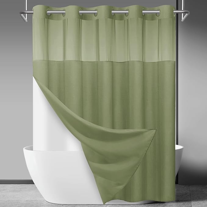 No Hook Slub Textured Shower Curtain with Snap in Liner - Sage Green Fabric Outer Curtain & Waterproof Inner Liner, Hotel Style with See Through Top Window, 71x74 in