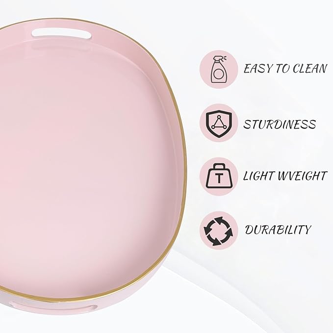 MAONAME Pink Decorative Tray, Oval Serving Tray with Handles, Plastic Tray for Coffee Table, Ottoman Tray for Living Room, Bathroom, 15.6" X 10.6" X 1.4"