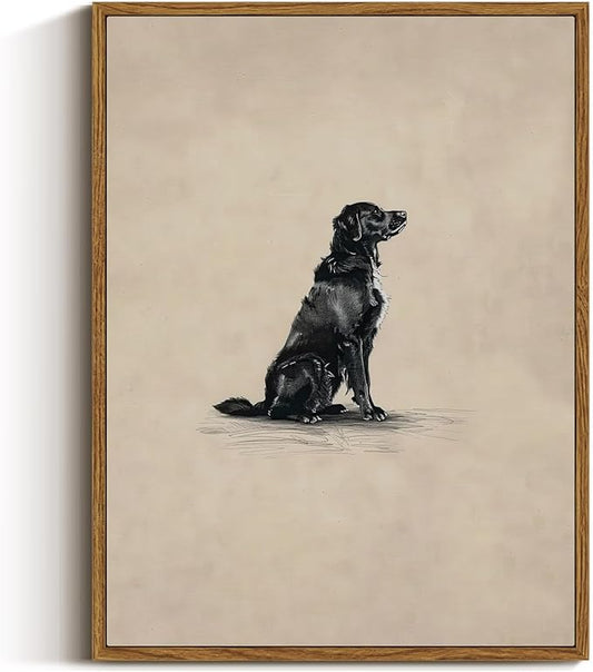 VIYYIEA Vintage Framed Black Dog Wall Art, Bedroom Living Room Minimalist Animal Art Decor, Antique Dog Canvas Print Paintings, Home Farmhouse Retro Still Life Decor, 12x16 Inch