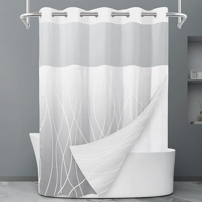 No Hook Ombre Light Grey Striped Shower Curtain with Snap in Liner Set - Hotel Shower Curtain and Liner Set with See Through Mesh Top Window,Machine Washable, 71x74 INCH