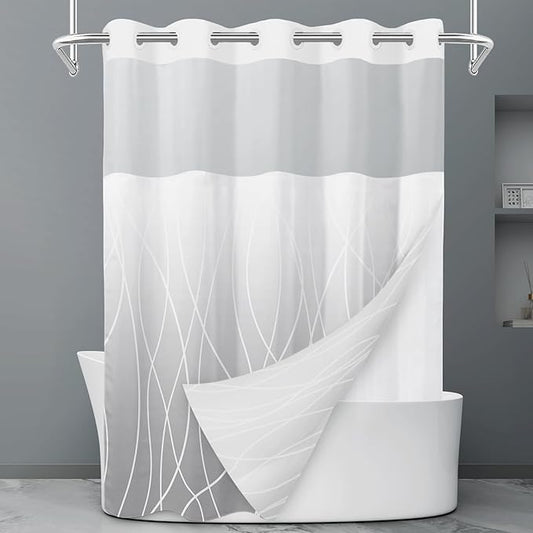 No Hook Ombre Light Grey Striped Shower Curtain with Snap in Liner Set - Hotel Shower Curtain and Liner Set with See Through Mesh Top Window,Machine Washable, 71x74 INCH