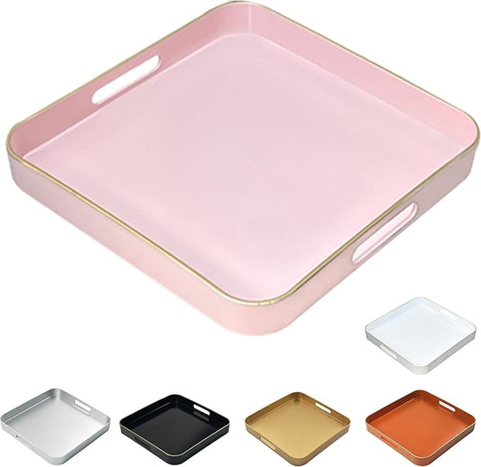 Serving Tray with Gold Trimming, Square Decorative Serving Trays with Handles, Coffee Table Tray Plastic Tray for Ottoman Living Room, Bathroom,Home Decor 13" L x 13" W x 1.57" H(Pink)