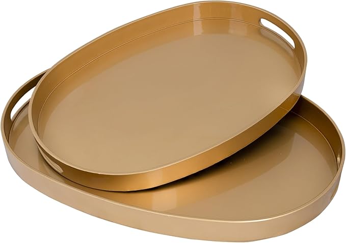 MAONAME Gold Serving Trays with Handles, Oval Decorative Trays for Coffee Table, Nesting Trays Set of 2, Plastic Vanity Trays for Ottoman, Living Room