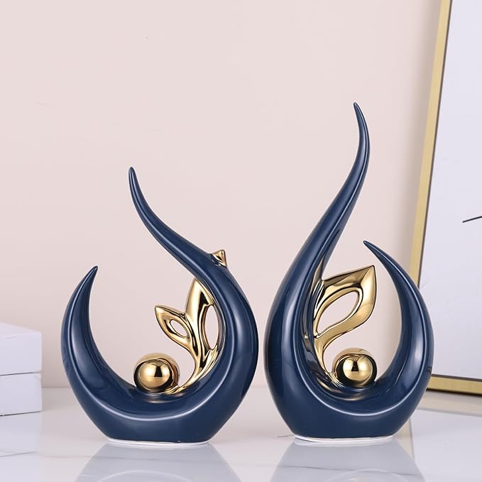 9.4" H Blue Gold Abstract Sculptures Home Decor, Ceramic Art Statue Cool Stuff to Put on Shelves&tv Stand Decor, Gold Accent Entertainment Center, for Fireplace Coffee Table Dining Table Decorate