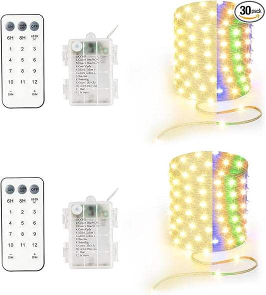 Battery Operated String Lights (2 Pack), 33ft 100 LED Warm White & Multicolor Fairy String Lights Battery Powered w/Remote & Timer for Indoor Outdoor Christmas Trees Decoration Bedroom Patio