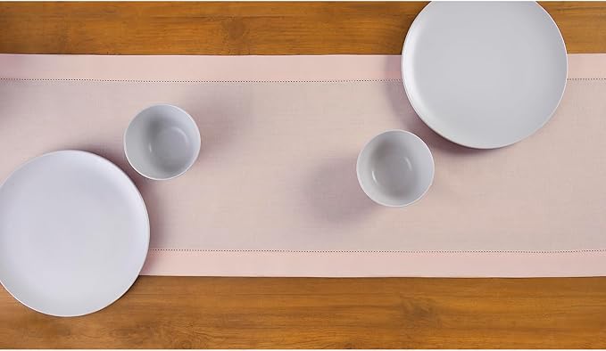 Solino Home Pink Table Runner 90 Inches Long - Cotton Linen Hemstitch 14 x 90 Inch Table Runner for Dining, Fall, Autumn, Thanksgiving, Christmas