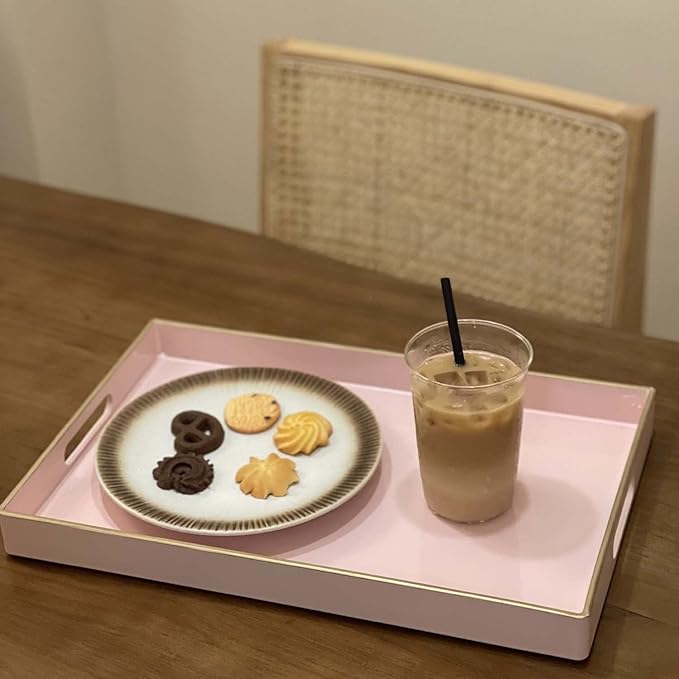 Zosenley Decorative Tray, Rectangular Plastic Tray with Handles, Modern Vanity Tray and Serving Tray for Bathroom, Kitchen, Ottoman and Coffee Table, 15.6” x 10.2” (Pink)