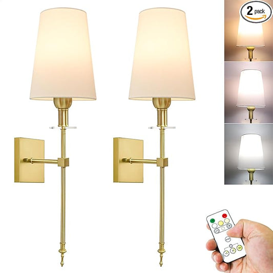 TOOTOO STAR Slim Wall Light Battery Operated Sconce Set of 2,not Hardwired Fixture,Battery Powered Wall Sconce with Remote Dimmable Light Bulb,for Living Room,Bedroom,Bathroom,Hallway