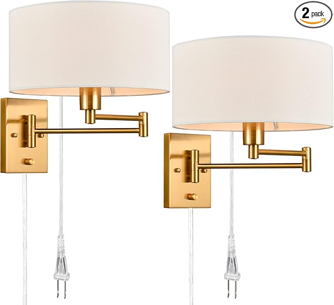 Gold Plug in Wall Sconces Set of Two Brass Swing Arm Wall Lamp Hardwired Wall Sconce with Switch for Bedroom Living Room