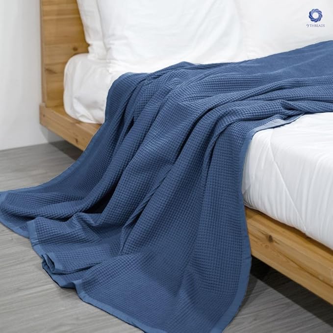 GOTS Certified Organic Cotton Waffle Weave Blanket, Queen Bed Size, 90"X90"Cozy Throw Blanket for Couch, Modern Home Decor Throw Blankets,Comfy Waffle Blanket Soft Bed Blankets -Navy Blue