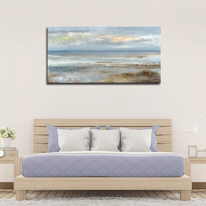 Abstract Wall Art Large Canvas Pictures Modern Blue Ocean Artwork on Canvas Prints Wall Decoration for Living Room Bedroom Bathroom Kitchen Office Home Wall Decor Framed Ready to Hang 20" x 40"
