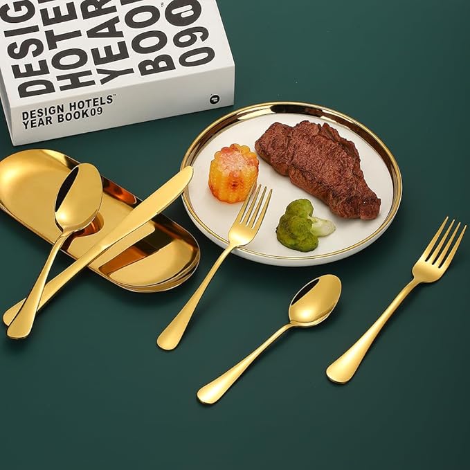 Gold Silverware Set for 12, Compralo 60 Pieces Stainless Steel Shiny Gold Flatware Set, Cutlery Tableware Set Include Spoons, Forks, Knives for Home and Restaurant