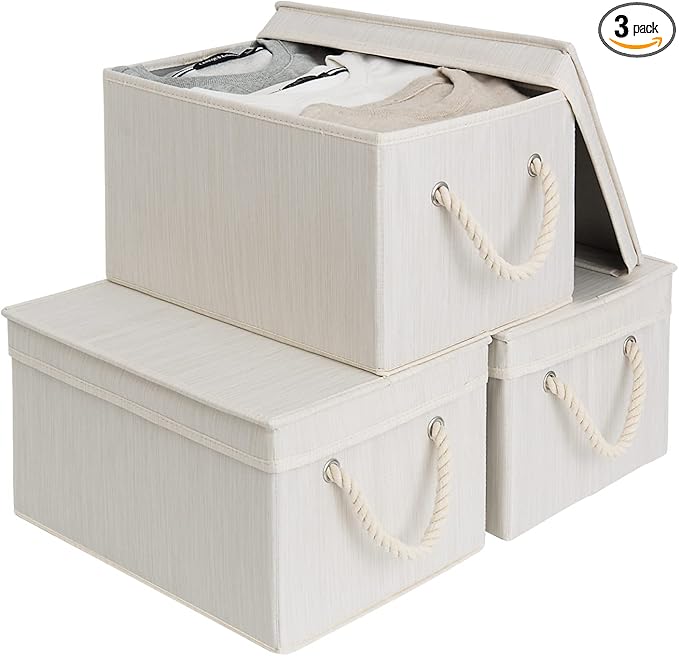 StorageWorks Storage Bins with Lids, Decorative Storage Boxes with Lid and Soft Rope Handles, Foldable Storage Baskets for Closet, Shelves, Stackable, 3-Pack, Ivory and White, Large