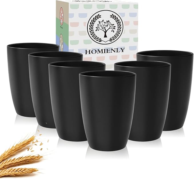 Homienly Wheat Straw Cups, 20 OZ Drinking Cups Set of 6, Plastic Cups Reusable, Stackable Kitchen Cups Set, Dishwasher Safe Water Glasses, Unbreakable Drinking Glasses for Camping, Traveling - Black