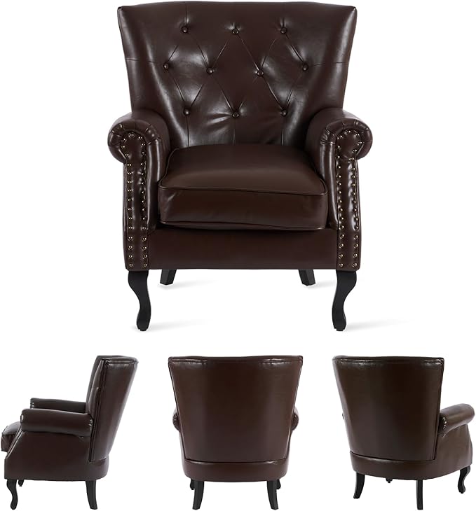 MOJAY PU Leather Accent Chair, Mid-Century Modern Armchair Living Room Club Chair with Tufted Button & Rivet Trim, Upholstered Sofa Chair with Sturdy Wood Legs for Bedroom (Caramel)