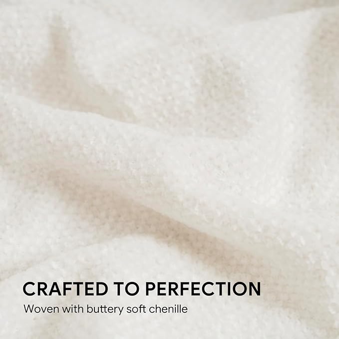 RECYCO Throw Blanket Soft Cozy Chenille Throw Blanket with Fringe Tassel for Couch Sofa Chair Bed Living Room Gift (Ivory White, 50" x 60")