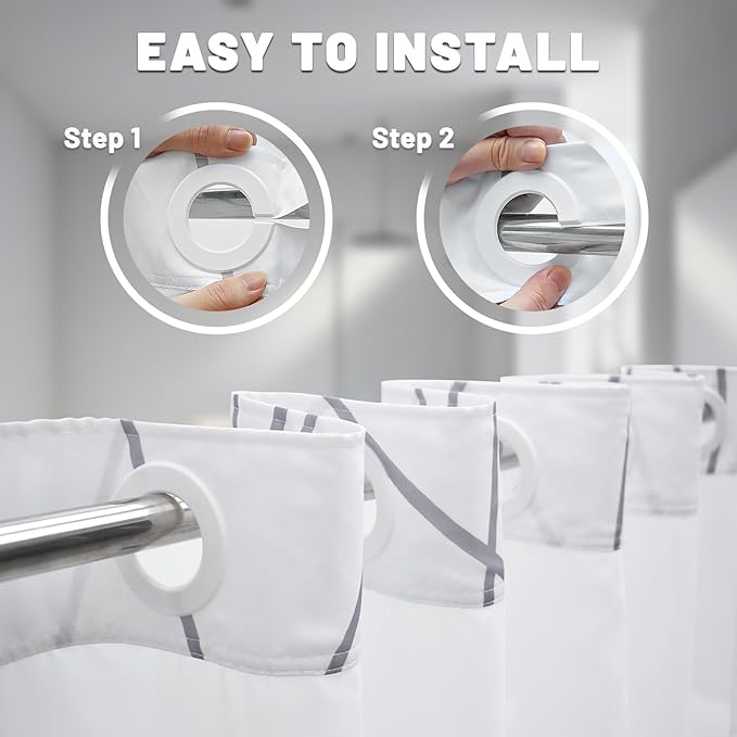 No Hook Grey White Striped Shower Curtain with Snap in Fabric Liner Set - Hotel Liner Set with See Through Mesh Top Window,Machine Washable, 71x74 INCH