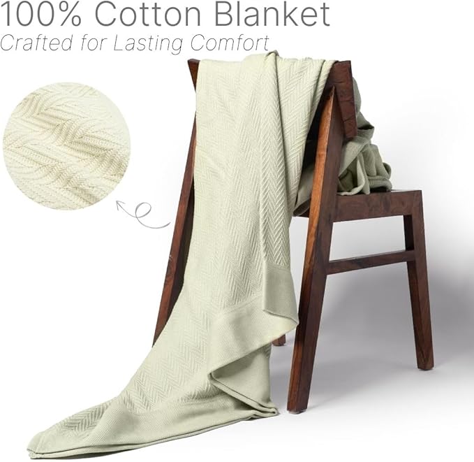 100% Cotton Herringbone Weave Blankets, 108" X 90" King, Throw Blanket for Bed, All Season Cotton Blanket, Cozy Blanket,Throws & Bed Blanket, Throw Blanket for Couch, Modern Home Decor -Sage