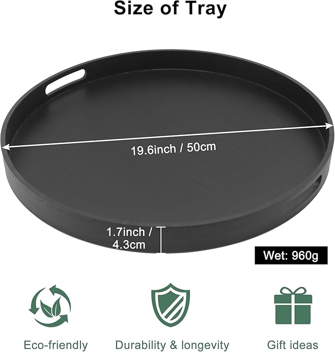 Round Decorative Tray, Extra Large Wooden Serving Tray with Handles, 11.8in Black Decorative Trays for Coffee Table,Kitchen Counter,bandejas decorativas