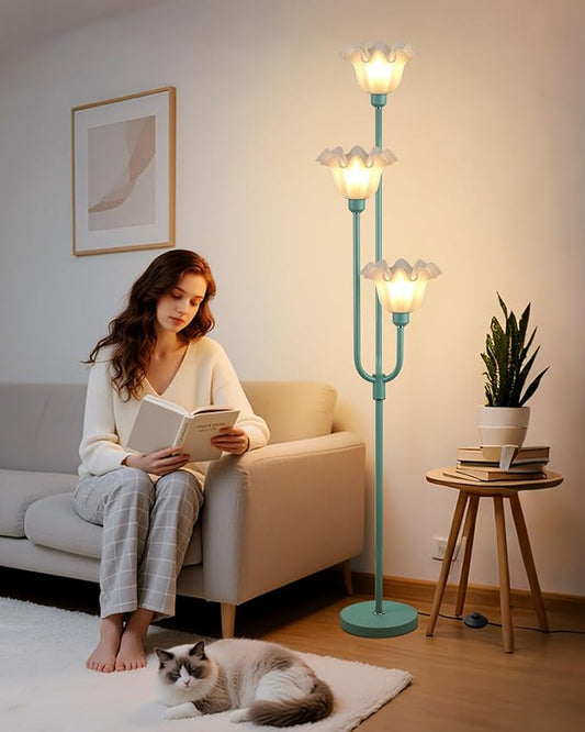 Lightdot Flower Floor Lamp 3-Lights Rustic Floor Lamps with 3000K Warm White Bulbs for Wedding Party Modern Tall Standing Lamp for Living Room/Bedroom-Grey Green