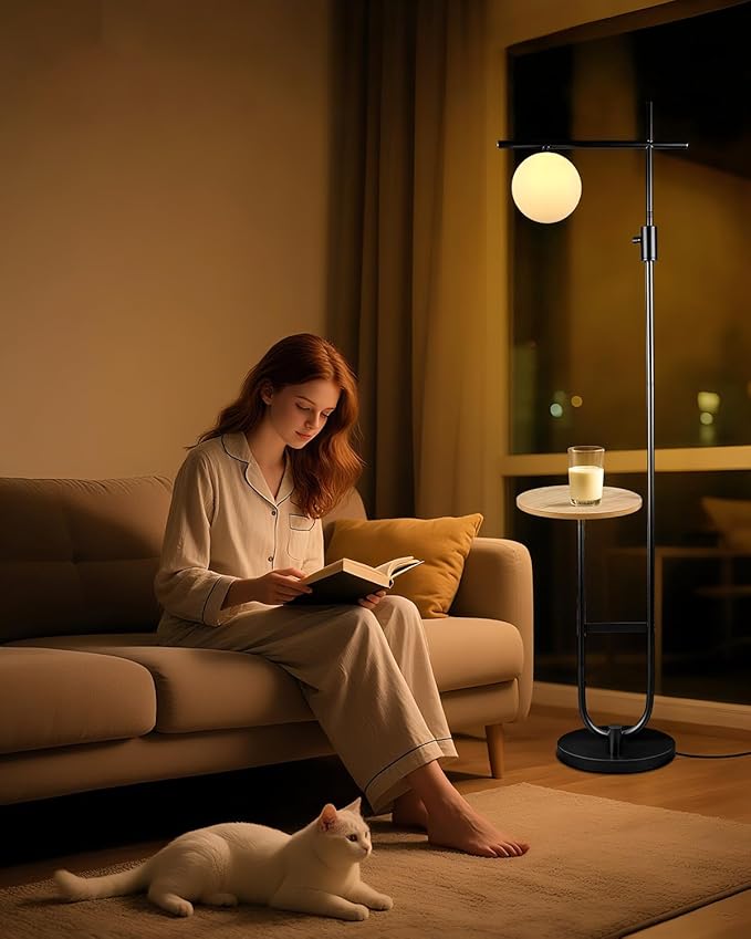 Lightdot 66IN Black Dimmable Floor Lamps with Storage Table, Modern Standing Tall Lamp with Milky White Globe Lampshade, Cross-Shaped Lamp Head and U-Pole Base Style for Living Room/Bedroom/Office