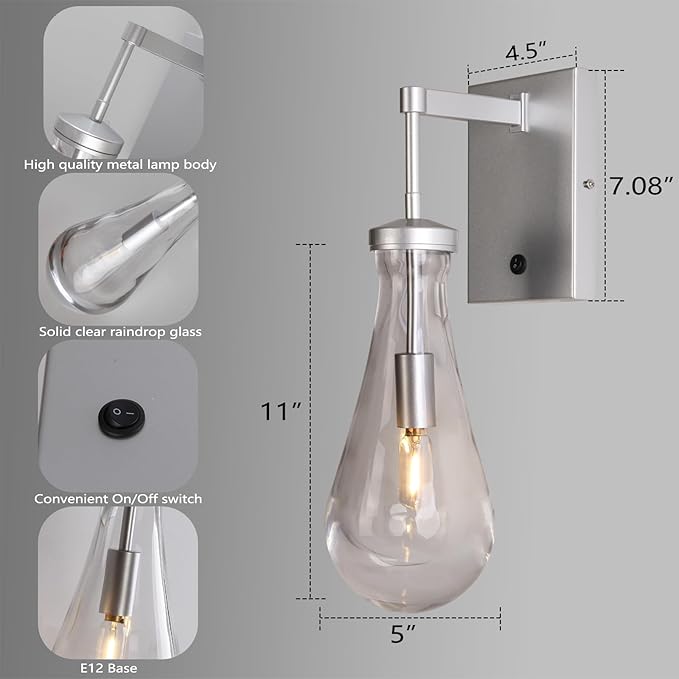 HuisMier Nickel Wall Sconces, Modern Raindrop Wall Sconce with On Off Switch, Clear Glass Wall Mounted Lamp Indoor Vanity Light Fixtures for Bathroom Bedroom Hallway Living Room, Hardwired