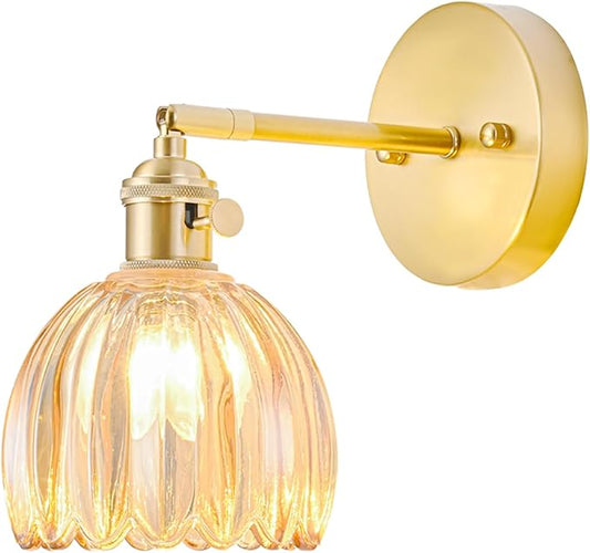 Hardwired Wall Sconce Light, Vintage Wall Sconce with Switch, Gold Wall Light Fixture with Tulip Amber Glass Lampshade, Indoor Wall Light for Bedroom Bathroom, Bedside Wall Lamp