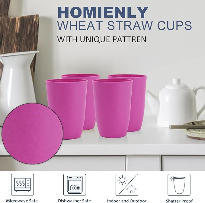 Homienly Wheat Straw Cups 6 PCS Plastic Cups Reusable Unbreakable Drinking Cup Alternative Plastic Cups Plastic Stackable Water Tumblers Dishwasher Safe Water Glasses (16 OZ,Pink)